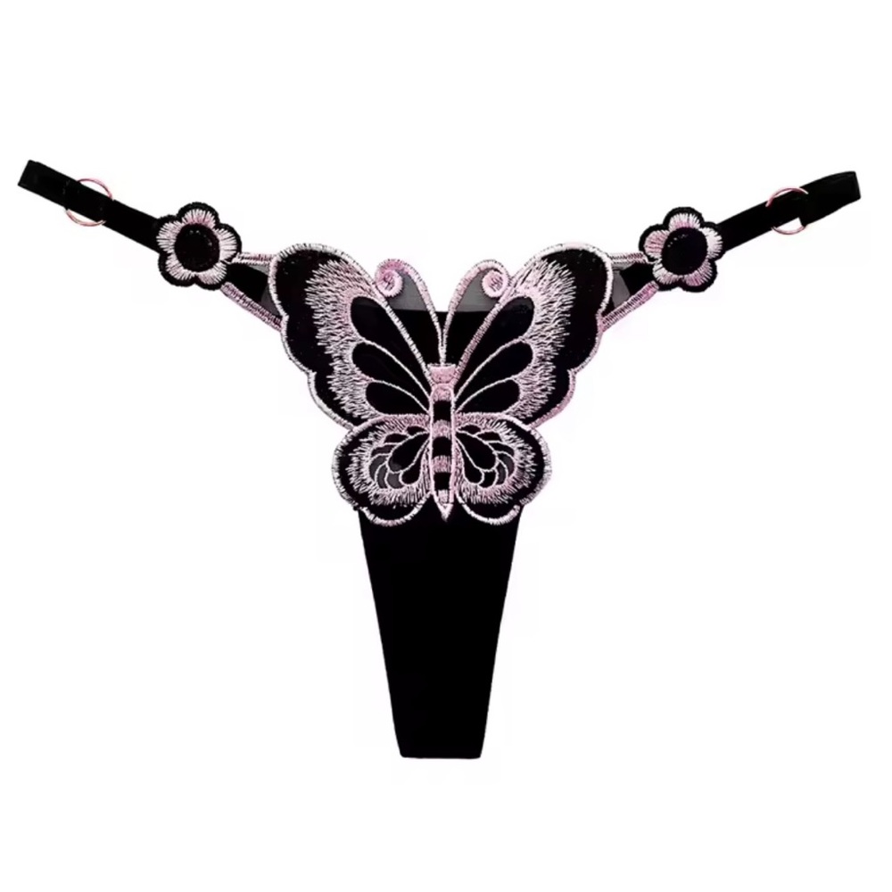 NWT Black and Pink Butterfly Flower Thong Panty OS